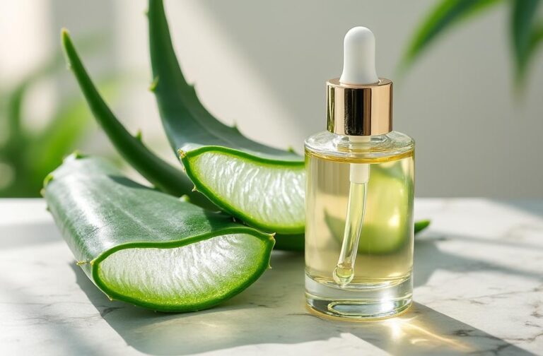 Serum bio en flacon dropper et aloe vera frais coupe