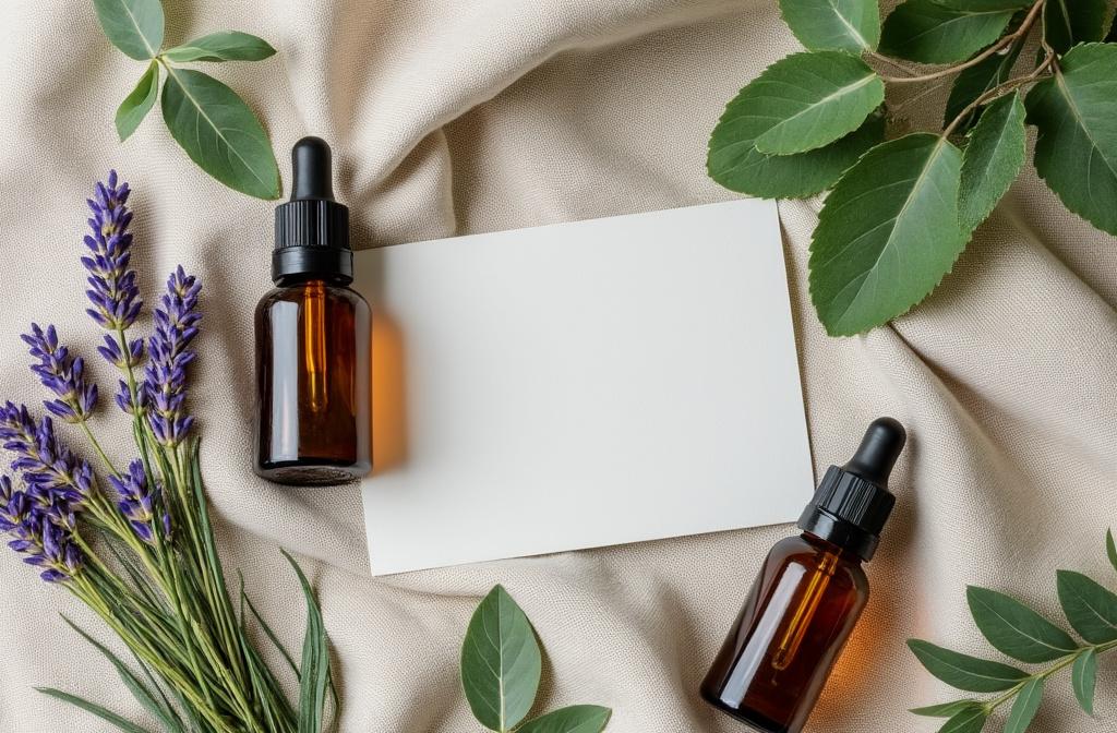 Sélection de cosmétiques bio sur fond végétal