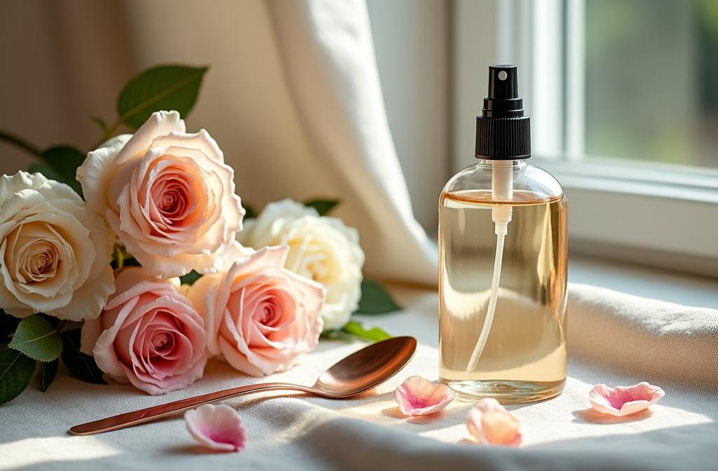 Hydrolat de rose en flacon spray avec roses de Damas