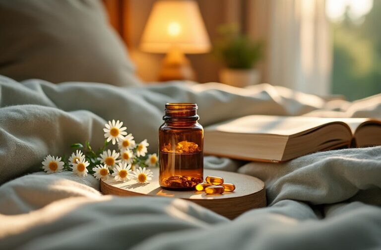 Flacon ambre de complement et camomille — rituel du soir