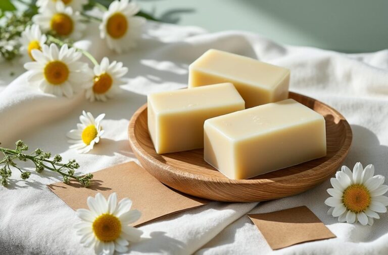 Shampoings solides bio sur plat en bois et fleurs de camomille