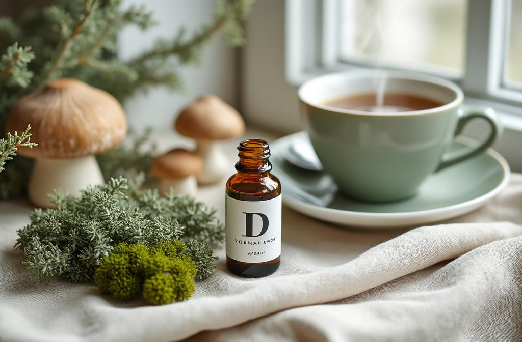Flacon ambre de vitamine D vegetale et lichen sur lin creme